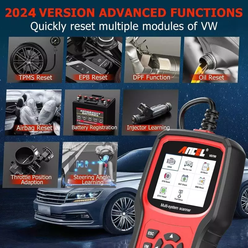 ANCEL VD700 Multi-System Scanner for VW Vehicles – 2024 Advanced Diagnostic Features ANCEL VD700 scanner demonstrating diagnostic tools with functions for VW cars, including TPMS, EPB, DPF, and more