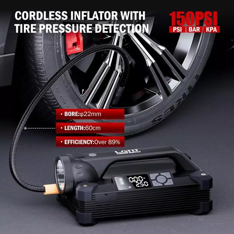 High-Efficiency Cordless Tire Inflator with Pressure Detection Cordless inflator connected to a car tire, showing a digital display indicating tire pressure