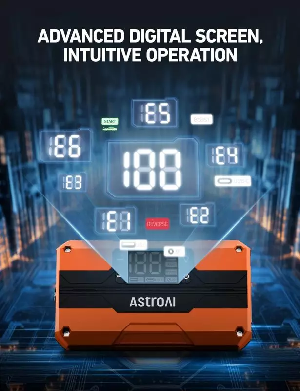 AstroAI Advanced Digital Device with Multi-Function Display AstroAI digital device showcasing intuitive screen with START, BOOST, USB-C, and REVERSE labels
