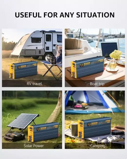 3000w power inverter used in RV travel, boat trip, solar power setup, and camping scenarios