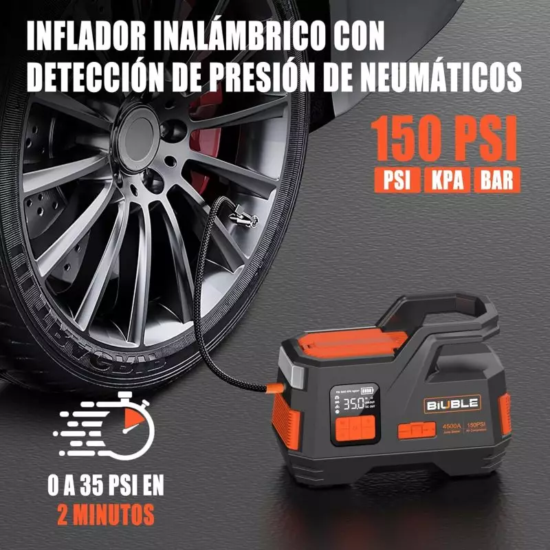 BUIBLE Cordless Inflator – Jump Starter and Tire Inflator Combo for Efficient Car Maintenance BUIBLE cordless inflator with digital tire pressure display attached to car tire, inflating to 35 PSI