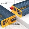 Diagram of a 3000W 12V power inverter highlighting components like LCD display, USB ports, and AC outlets