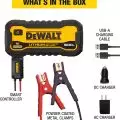 DeWalt Lithium Jump Starter kit contents including 1600A jump starter, smart controller, metal clamps, USB-A and DC chargers