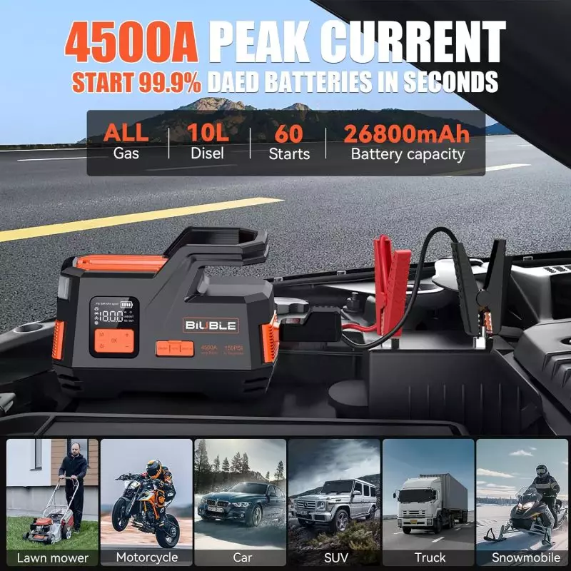 Biuble Car Jump Starter with Tire Inflator – Powerful 4500A Peak Current for All Vehicles Biuble 4500A portable jump starter connected to a car battery, compatible with trucks, SUVs, motorcycles, and more