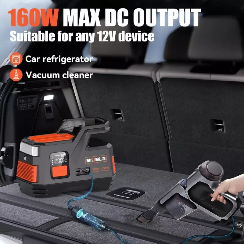 BIBILE Portable Power Station for Outdoor Adventures and Road Trips – Car Jump Starter and Tire Inflator Compatible BIBILE portable power station in car trunk, powering a vacuum cleaner with a 160W max DC output, suitable for car refrigerators and other 12V devices