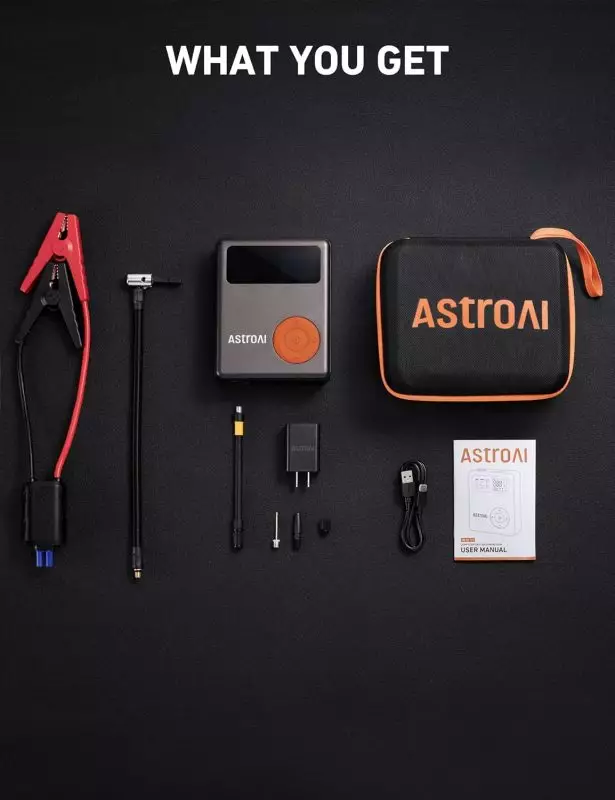 AstroAI Air Compressor Kit Accessories and User Guide Complete set of AstroAI air compressor kit showing battery clamps, air hose, main unit, carry case, nozzles, AC adapter, USB cable, and manual