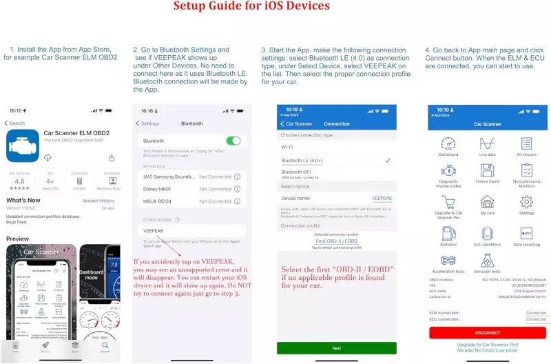 Veepeak OBDCheck BLE Quick Start Guide for ELM327 OBD2 Scanner with Car Scanner iOS App Step-by-step instruction interface for pairing Veepeak OBD2 Bluetooth adapter with Car Scanner ELM OBD2 iOS app