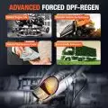 Infographic on Advanced Forced DPF-Regen showing benefits for engine life,   vehicle performance,   reduced costs,   and eco-friendly emissions with a diesel truck scanner