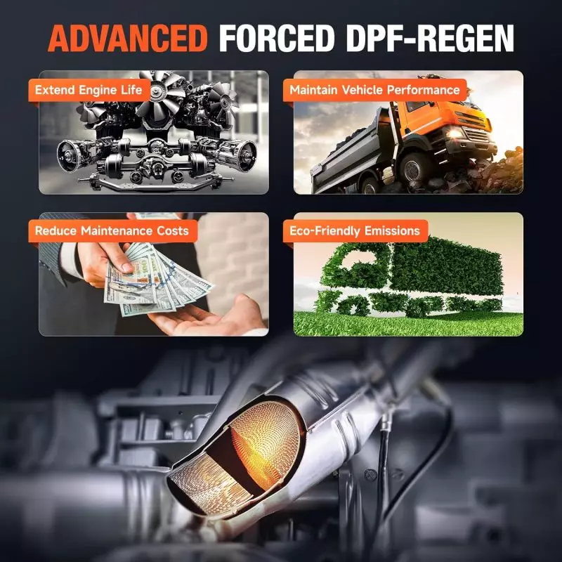 Advanced Forced DPF-Regen Benefits for Diesel Trucks Infographic on Advanced Forced DPF-Regen showing benefits for engine life, vehicle performance, reduced costs, and eco-friendly emissions with a diesel truck scanner