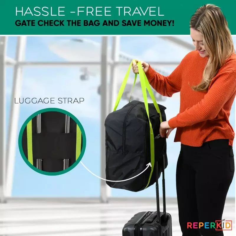 Effortless Air Travel with Reperkid Car Booster Seat Travel Bag Woman utilizing the Reperkid car booster seat travel bag with luggage strap for hassle-free travel at airport