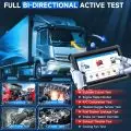Interactive display of a heavy duty truck scanner tool performing diagnostics on semi-truck components like fuel pump and injectors