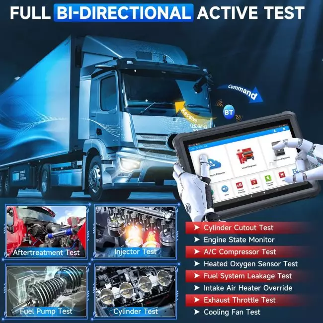 Interactive display of a heavy duty truck scanner tool performing diagnostics on semi-truck components like fuel pump and injectors