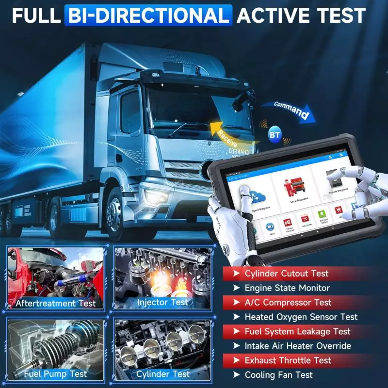 Advanced Heavy Duty Truck Scanner Tool for Diagnostics Interactive display of a heavy duty truck scanner tool performing diagnostics on semi-truck components like fuel pump and injectors