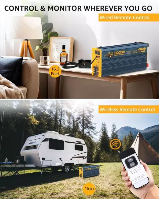 3000w power inverter with remote features, showcasing both wired and wireless capabilities, set in an indoor and outdoor scenario