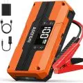AstroAI car jump starter kit including main unit,   wall charger,   USB cable,   12V DC adapter,   and jumper cables