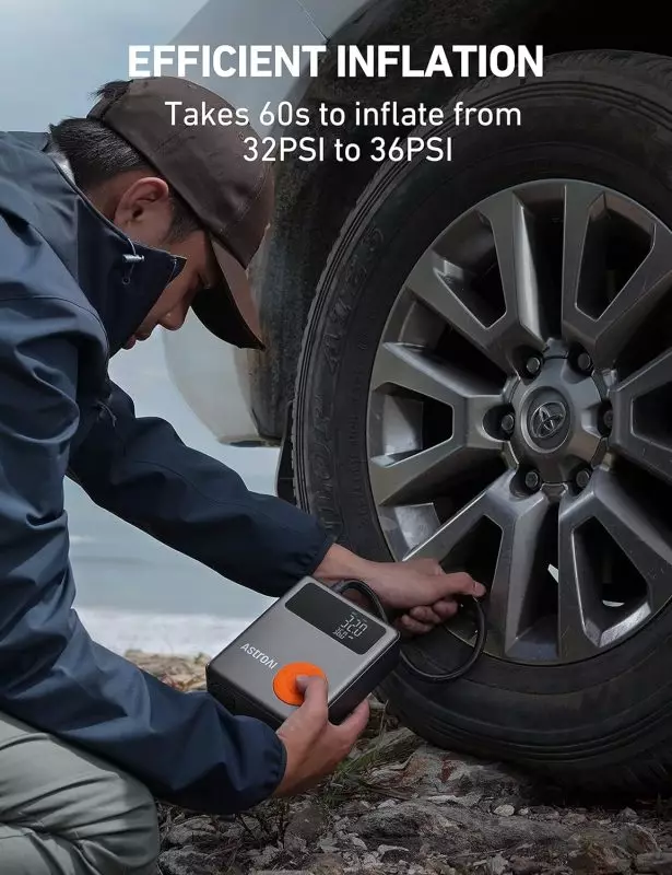 Quick Tire Inflation with Portable Air Compressor Person inflating car tire using a portable air compressor showing tire pressure at 32.0 PSI