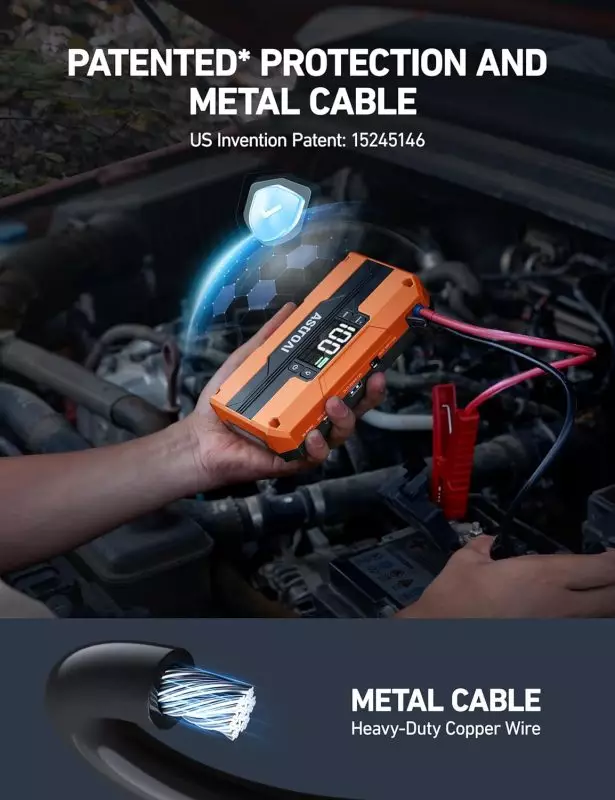 Portable Orange Battery Jump Starter with Heavy-Duty Copper Wire Orange battery jump starter with digital display showing 12.0V in car engine compartment