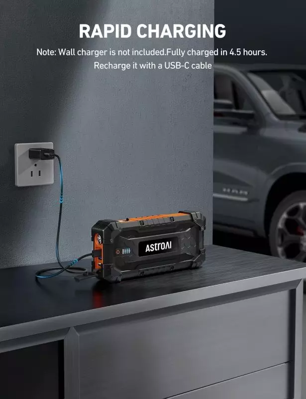 AstroAI Portable Power Bank Rapid Charging Image AstroAI power bank charging via USB-C cable, rapid charging feature highlighted, no wall charger included