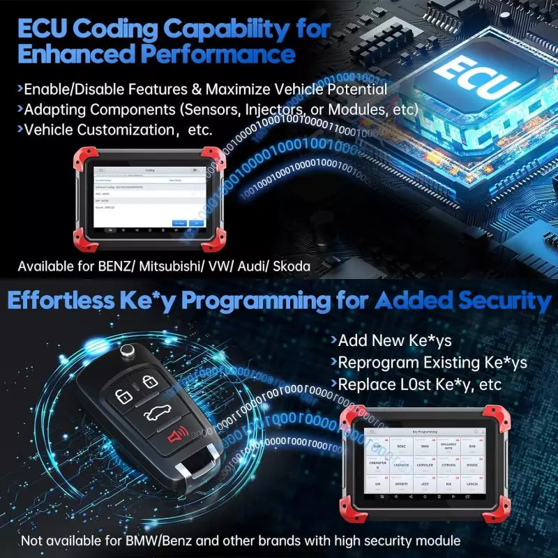 Advanced ECU Coding and Key Programming Device for Enhanced Vehicle Performance ECU coding and key programming device displaying features for BENZ, VW, Audi, and Skoda on a touchscreen interface