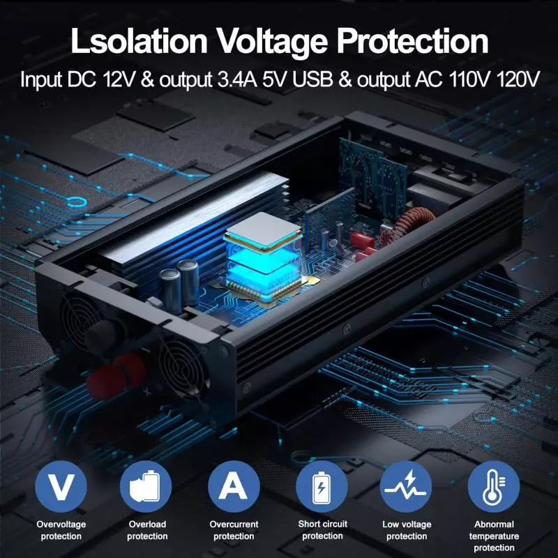 Advanced Voltage Protection Device with Dual USB and AC Output Electronic voltage protection device showing internal components with cooling fans and heatsinks