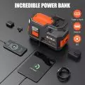 Portable Biuble power bank with 450A jump starter and tire inflator,   charging a smartphone,   wireless earbuds,   and a fitness tracker