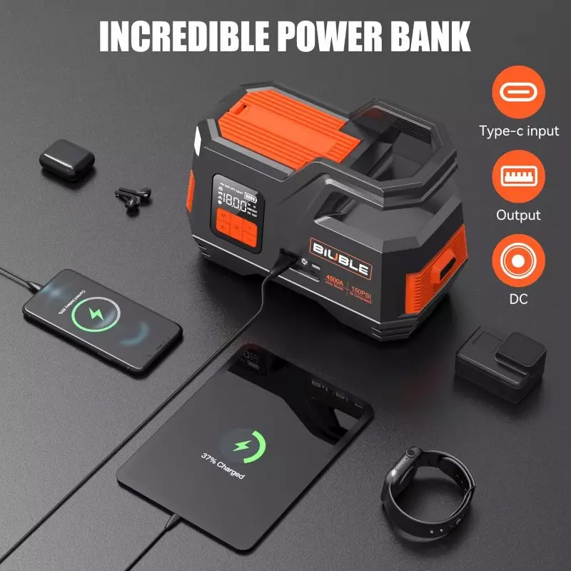Biuble Car Jump Starter – Multipurpose Portable Charger with Tire Inflator and Device Charging Portable Biuble power bank with 450A jump starter and tire inflator, charging a smartphone, wireless earbuds, and a fitness tracker