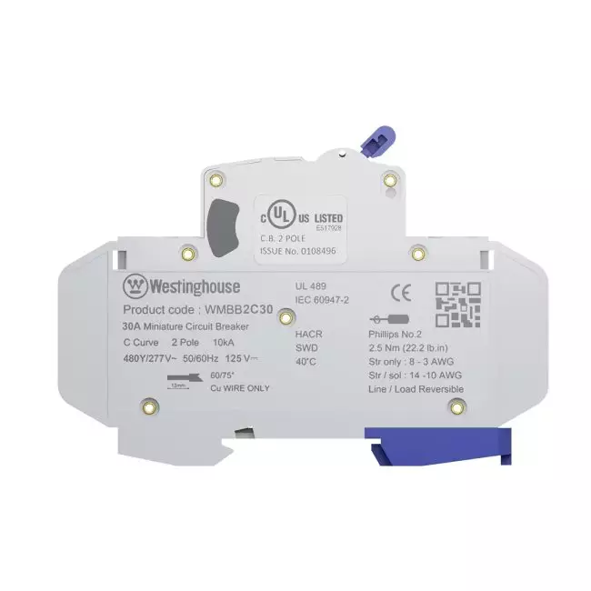 Westinghouse miniature circuit breaker WMBB2C30 with 2 poles, 30 ampere, 480Y/277V, detailed specifications shown.