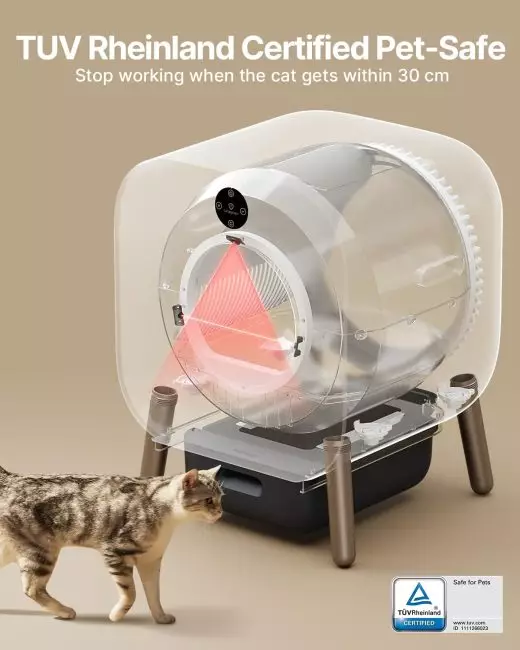 Automated cat litter box with red safety lasers and TUV Rheinland Safe for Pets certification