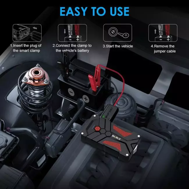 Instructional image showing how to use a vehicle jump starter with a diagram of car battery connections