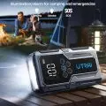 UTRAI LED light device showing Lighting,   Strobe,   and SOS functions at a night-time campsite with people and a dog