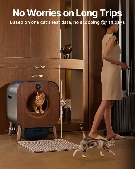 Automated cat litter box with a cat inside and dimensions displayed, next to a woman with a suitcase