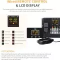 Wired Remote Control and LCD Display for Inverter showing indicators for voltage, power, frequency, temperature, and protections