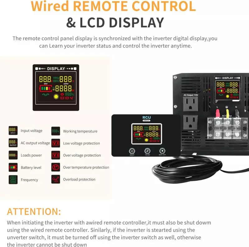 Enhance Inverter Management with Wired Remote Control and LCD Display Wired Remote Control and LCD Display for Inverter showing indicators for voltage, power, frequency, temperature, and protections