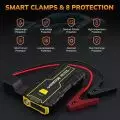 Compact 2000A car jump starter with smart clamps showcasing 8 Protection safety features