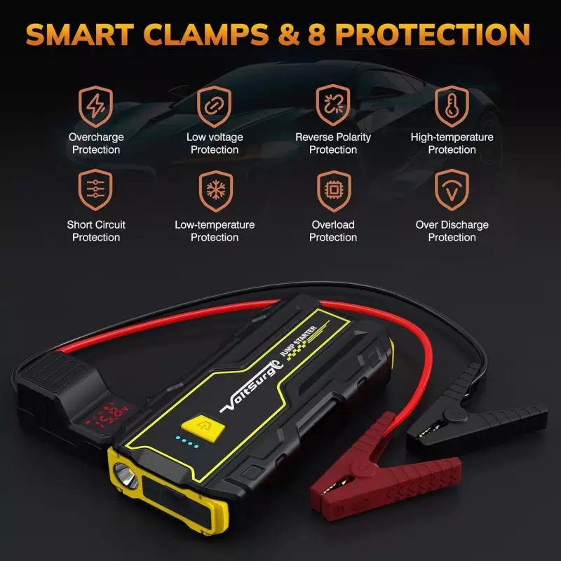2000A Jump Starter with Advanced Safety Features for Reliable Car Battery Boosting Compact 2000A car jump starter with smart clamps showcasing 8 Protection safety features