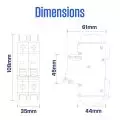 Front and side view dimensions of an electrical circuit breaker showing height,   width,   and depth in millimeters
