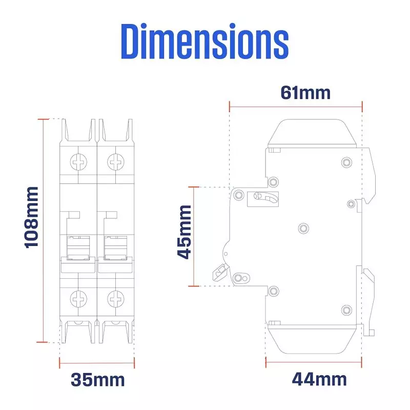 Front and side view dimensions of an electrical circuit breaker showing height, width, and depth in millimeters