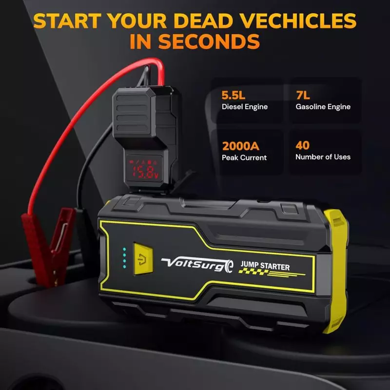 VoltSurge 2000A Jump Starter: Powerful Solution for 5.5L Diesel & 7L Gasoline Vehicles VoltSurge 2000A Jump Starter connected to car battery, displaying 15.6V - capable of starting 5.5L diesel and 7L gasoline engines