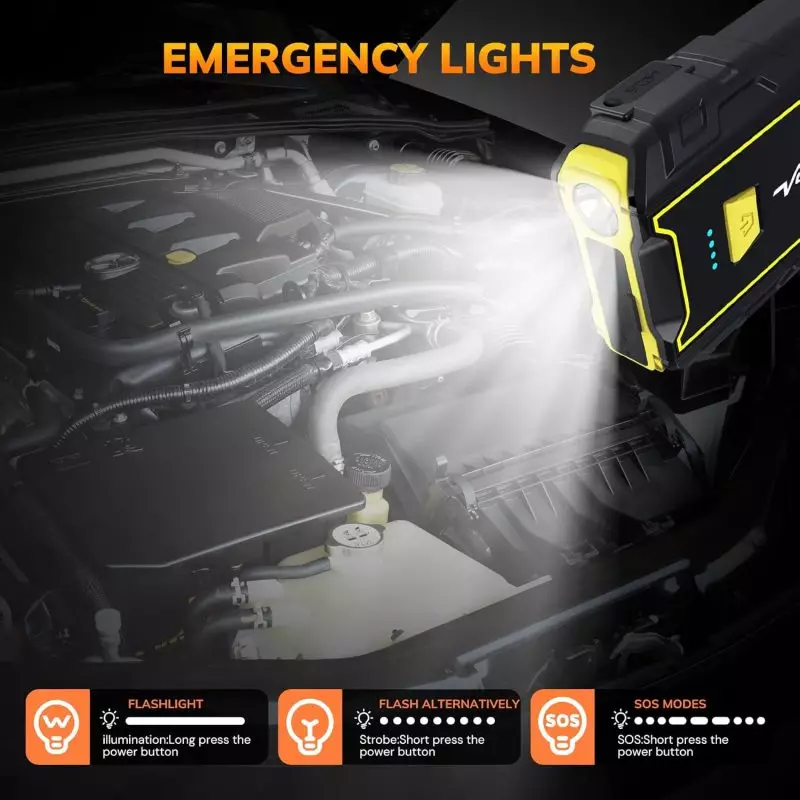 Multipurpose 2000A LED Emergency Light for Car Jump Starter Versatile LED emergency light with flashlight and SOS modes from a 2000a jump starter, demonstrated under a car hood