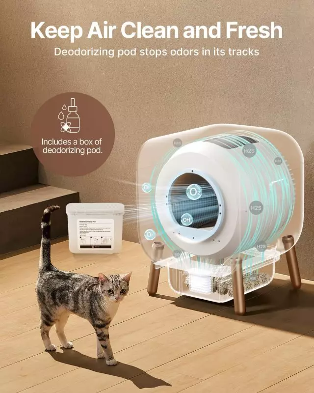 Pet air cleaner device with deodorizing pod and cat, showcasing air purification and odor neutralization features