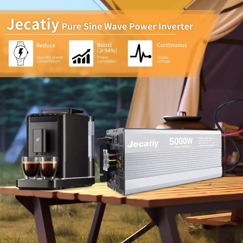 Jecatiy 5000W Pure Sine Wave Inverter Powering Coffee Machine Outdoors Jecatiy Pure Sine Wave Power Inverter 5000W connected to a coffee machine at a campsite