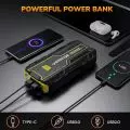 Voltsurge rugged power bank charging a phone wirelessly,   earbuds,   and another phone via cable with USB Type-C and USB 3.0