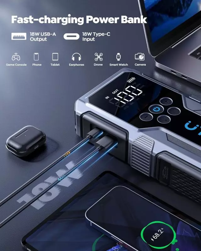 Versatile 18W Fast-Charging Power Bank for Multiple Devices Fast-charging power bank with 18W output charging a smartphone, suitable for game consoles, phones, tablets, earphones, drones, smartwatches, and cameras