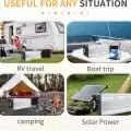 Jecatty 5000W power inverter in use during RV travel, boat trip, camping, and connected to solar panels