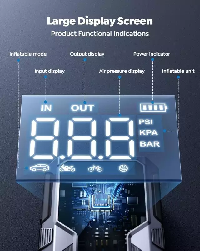 Advanced Air Pump Display Screen Detailing Modes and Status Indicators Digital display of an air pump showing modes for car, motorcycle, bicycle, and ball, with indicators for input, output, air pressure, and power status