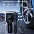 Digital portable air compressor displaying a 150 PSI pressure gauge connected to a car tire,   with multi-use icons for car,   bike,   and sports equipment.
