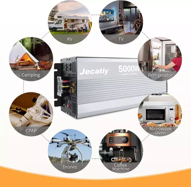 Jecatiy 5000W power inverter used in RVs, for household appliances, and outdoor activities