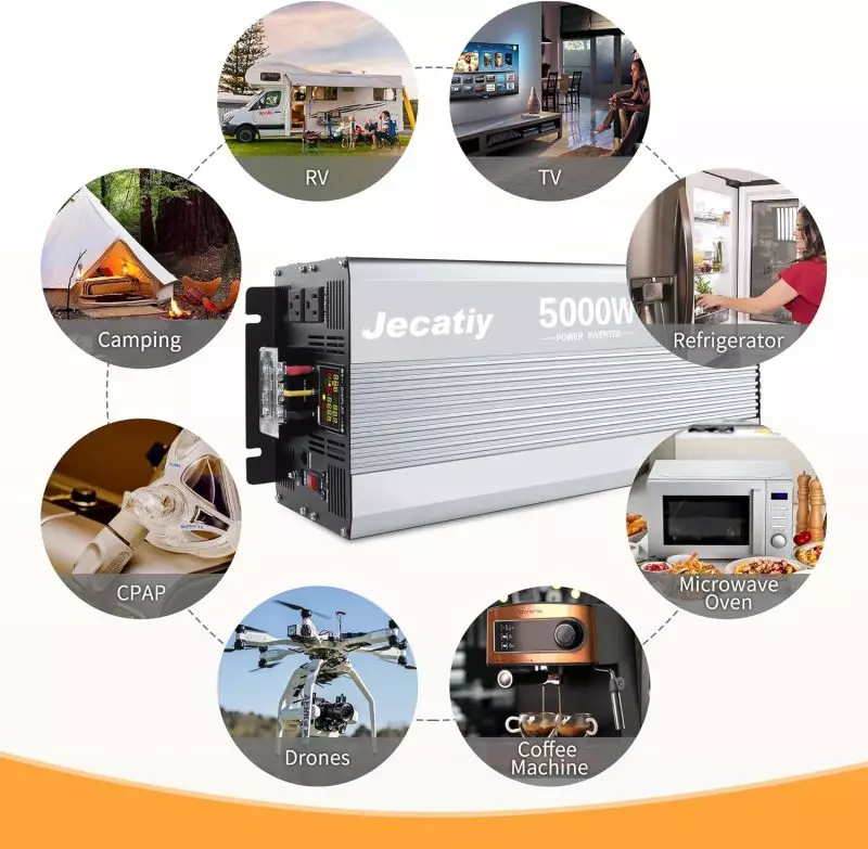 Versatile Jecatiy 5000W Power Inverter for Multiple Applications Jecatiy 5000W power inverter used in RVs, for household appliances, and outdoor activities