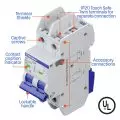 Detailed view of Westinghouse circuit breaker showing terminal shields,   IP20 touch-safe terminals,   captive screws,   accessory connections,   contact position indicator,   and lockable handle with UL certification.