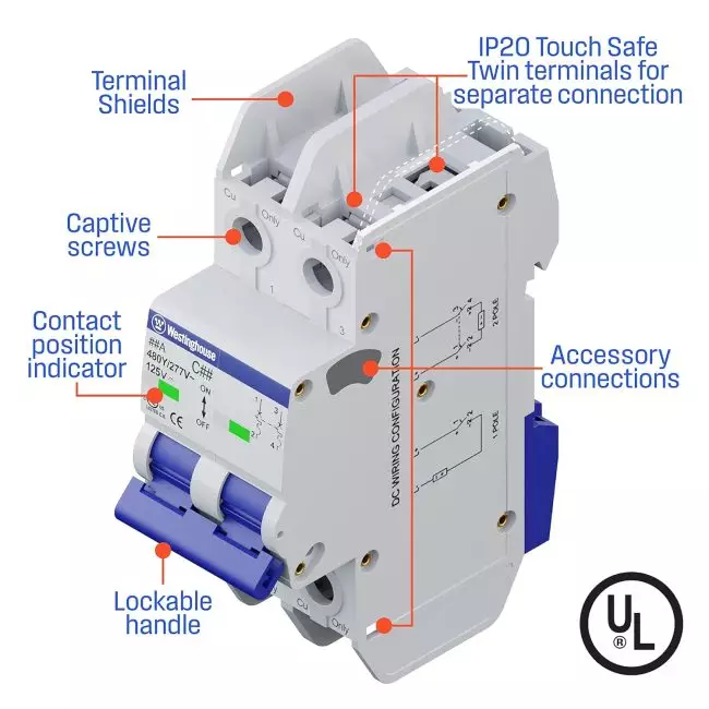 Detailed view of Westinghouse circuit breaker showing terminal shields, IP20 touch-safe terminals, captive screws, accessory connections, contact position indicator, and lockable handle with UL certification.